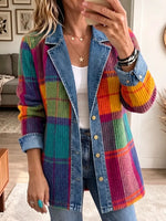 Vintage Elegant Denim Patchwork Plaid Jacket