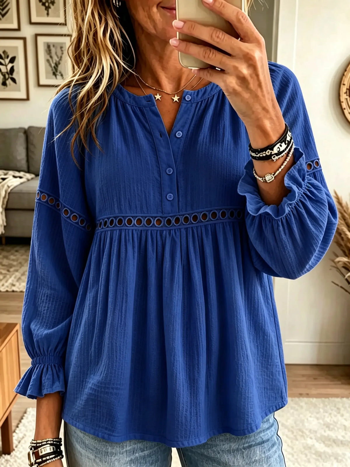 Women's Eyelet Lace Trim Babydoll Tunic Blouse