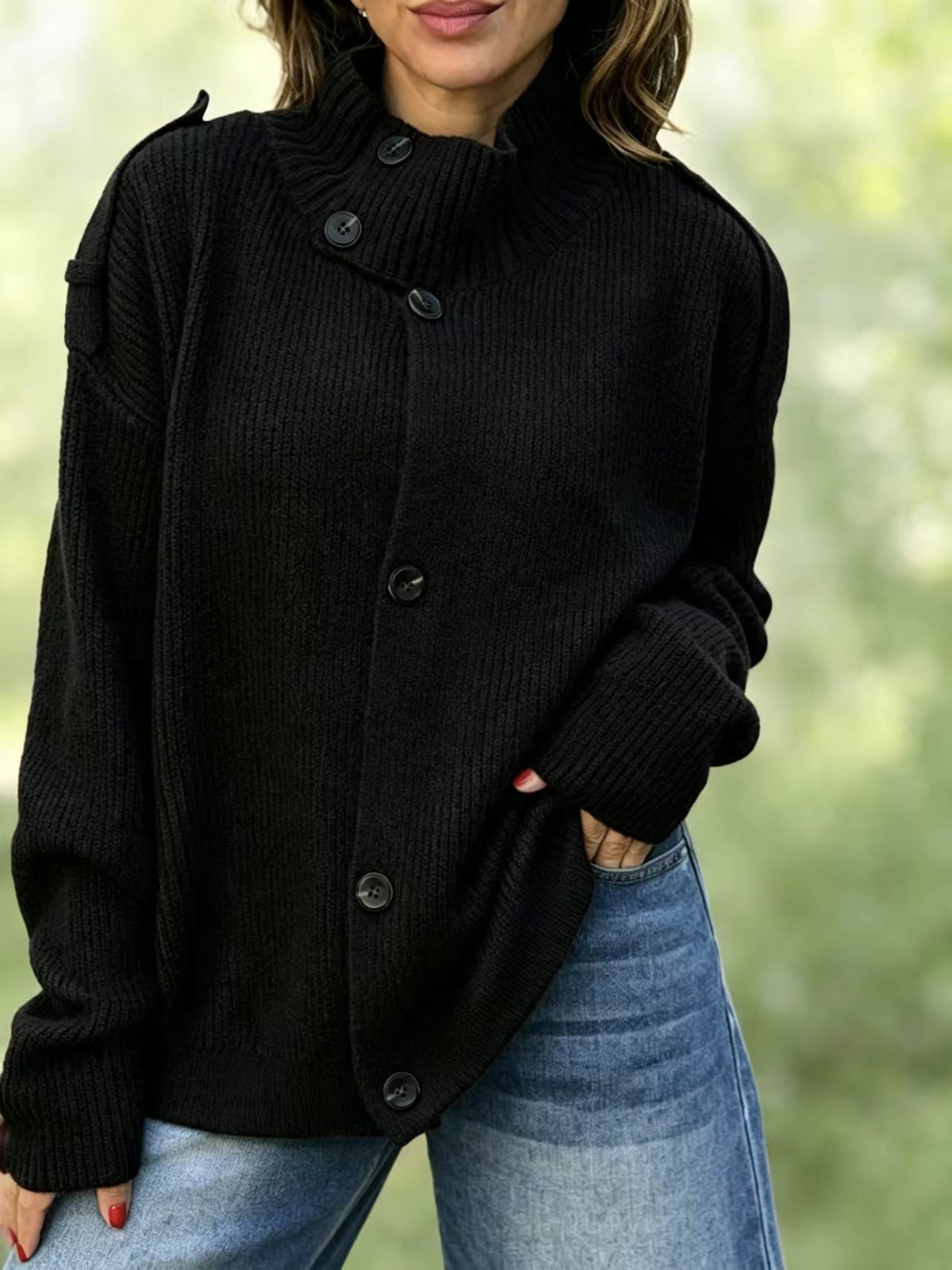 Stand Collar Button‑Down Shoulder Detail Knit Cardigan
