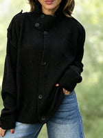 Stand Collar Button‑Down Shoulder Detail Knit Cardigan