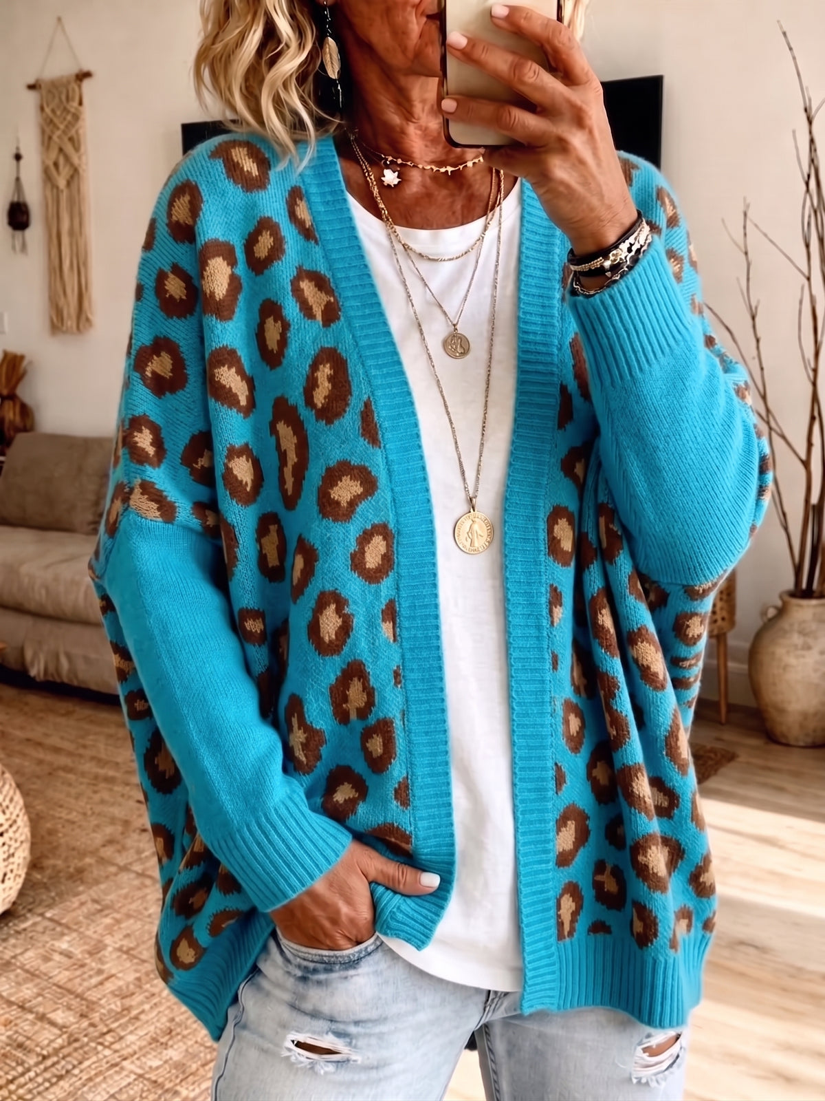V Neck Leopard Print Open Front Knit Cardigan