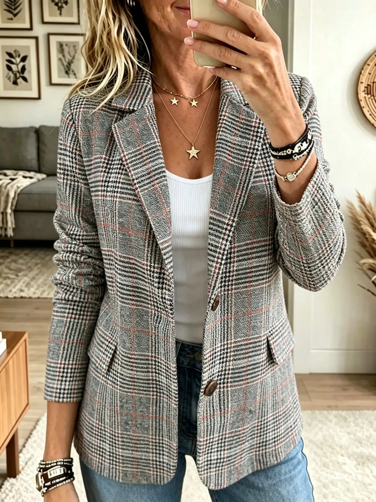 Women's Plaid Single-Breasted Tailored Blazer