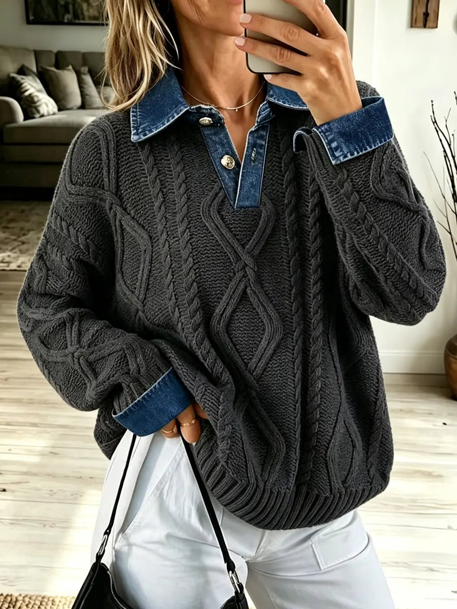 Retro Denim Patchwork Art Casual Stylish Long Sleeve Knit Sweater