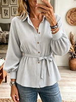 Women's Belted Waffle Knit Button-Down Tunic Shirt