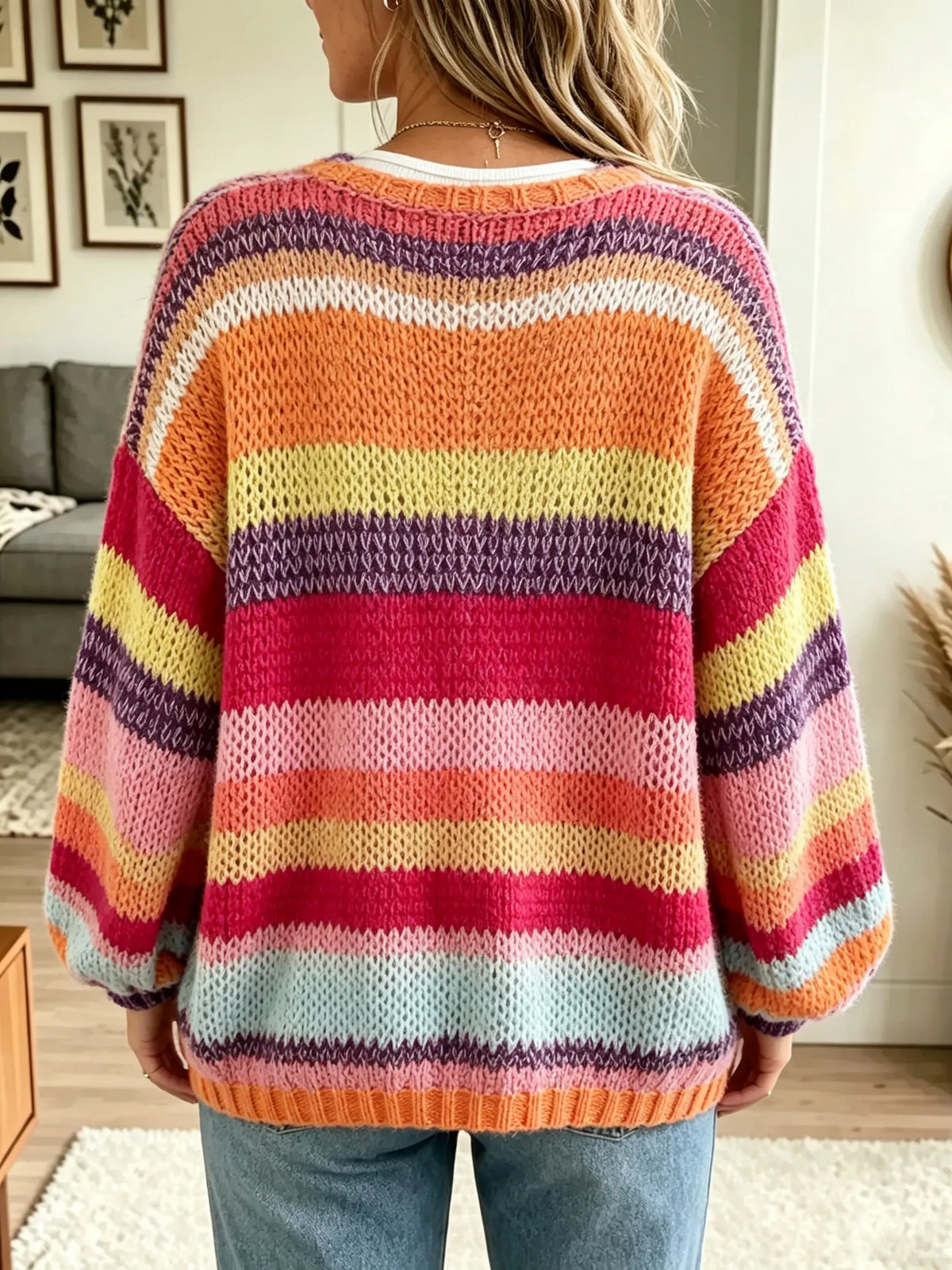Women's Multi-Color Striped Chunky Knit Cardigan