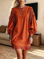 Vintage Elegant Suede Patchwork Tassels Dress