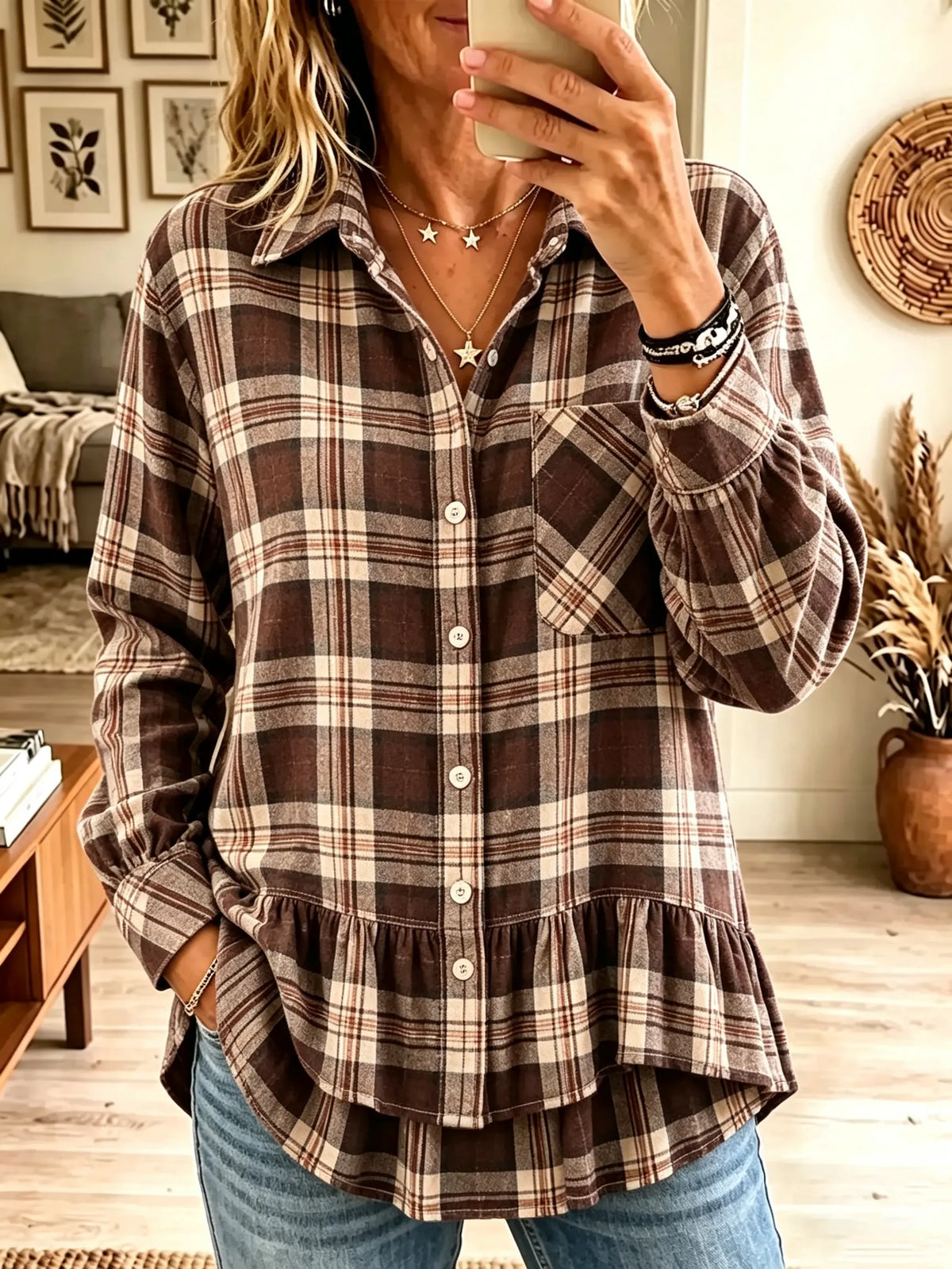 Women's Plaid Ruffled Hem Button-Down Flannel Shirt
