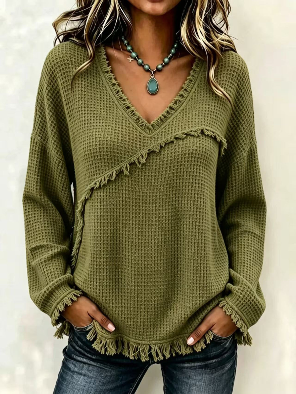 Fringe Trim Waffle Knit V‑Neck Sweater, Women Long Sleeve Loose Pullover Top