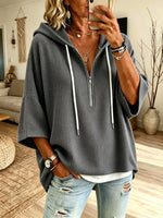Women's Solid Waffle Knit Half Zip Hooded Short Sleeve Top