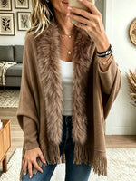 Women's Faux Fur Trim Fringe Poncho Cardigan