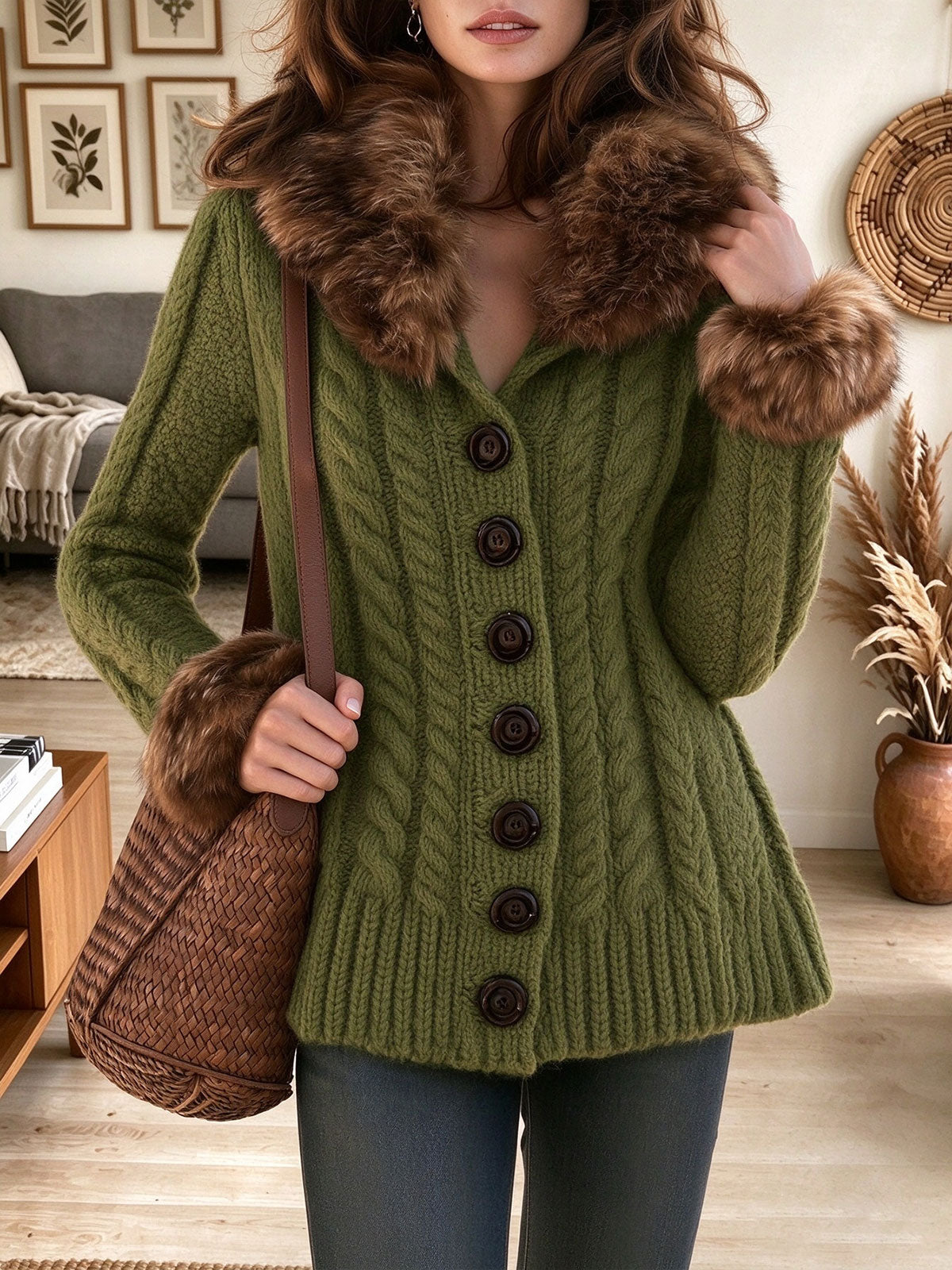 Women's Olive Green Cable Knit Cardigan with Plush Faux Fur Collar and Cuffs