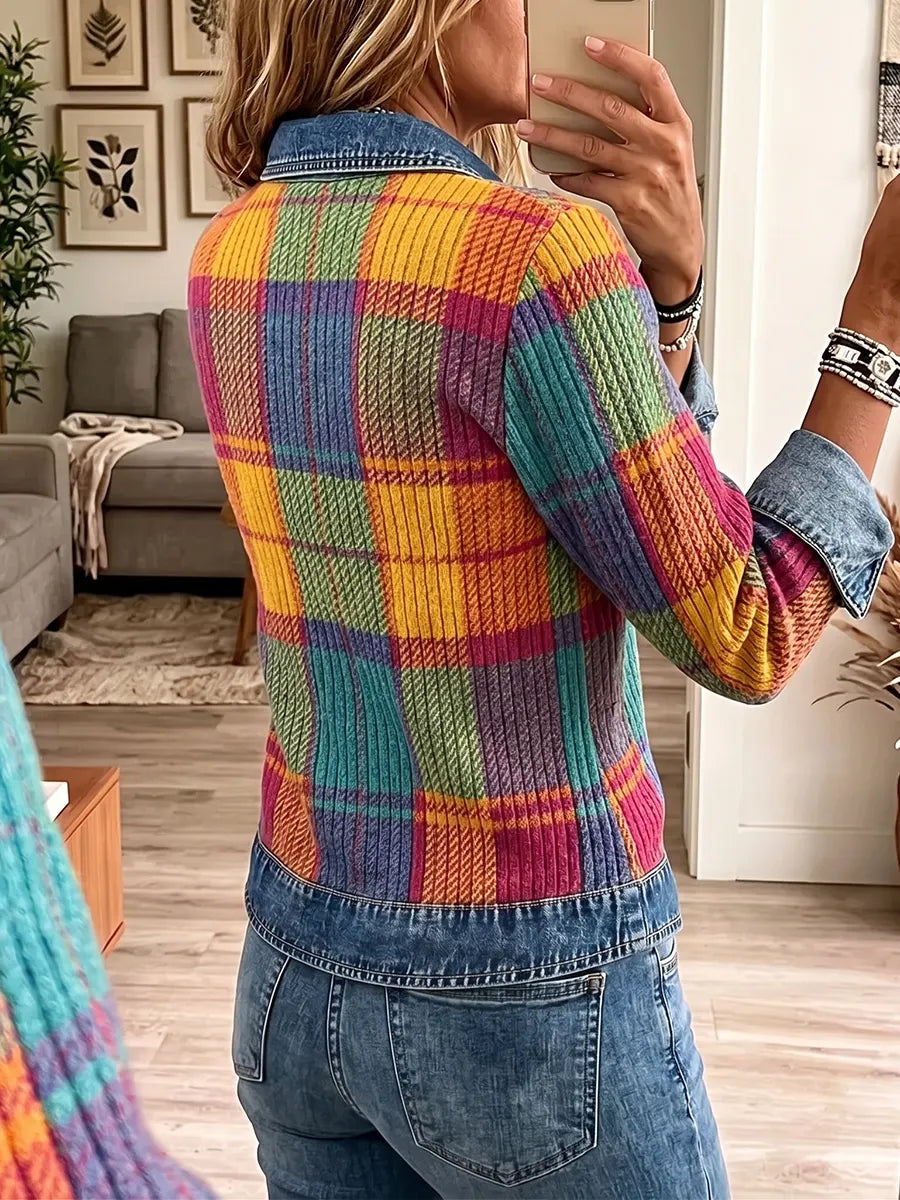 Vintage Elegant Denim Patchwork Knit Shirt