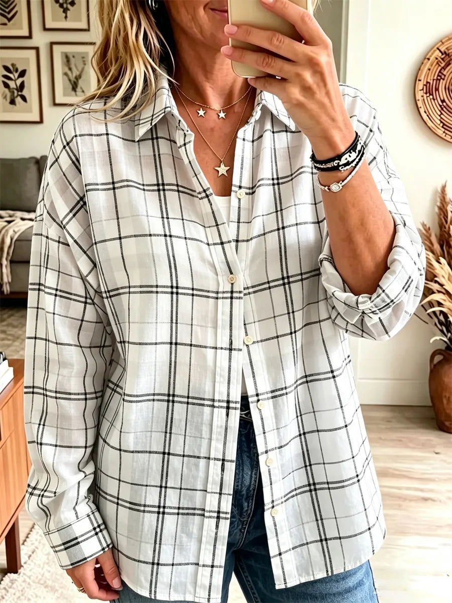 Retro Plaid Pattern Art Print Casual Stylish Long Sleeve Cotton Linen Shirt