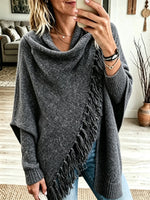 Women's Asymmetrical Fringe Knit Poncho Sweater