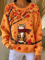 Women Fall Maple Tree Cat Graphic Crewneck Sweatshirt