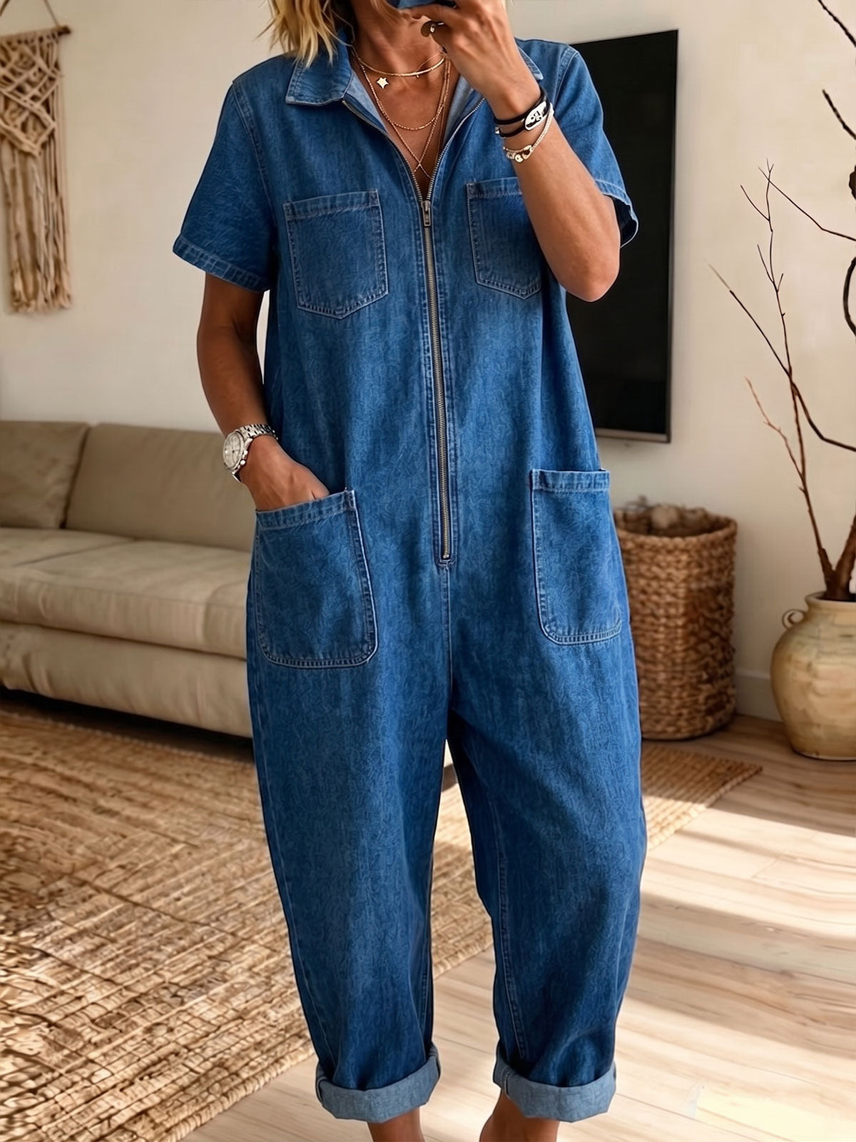 Women’s Short Sleeve Zip Front Loose Denim Jumpsuit With Multi Pockets
