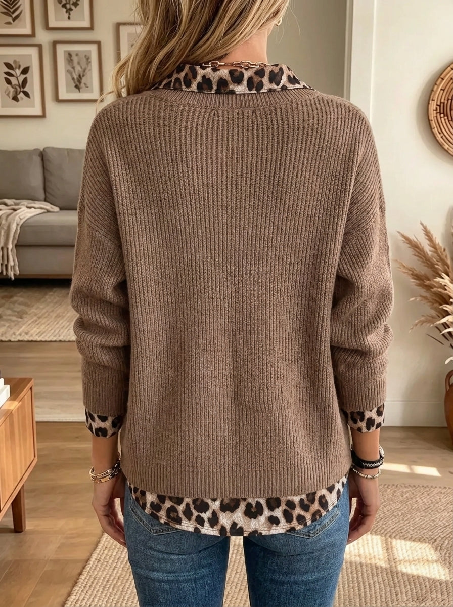Women's Leopard Contrast Layered Ribbed Knit Sweater