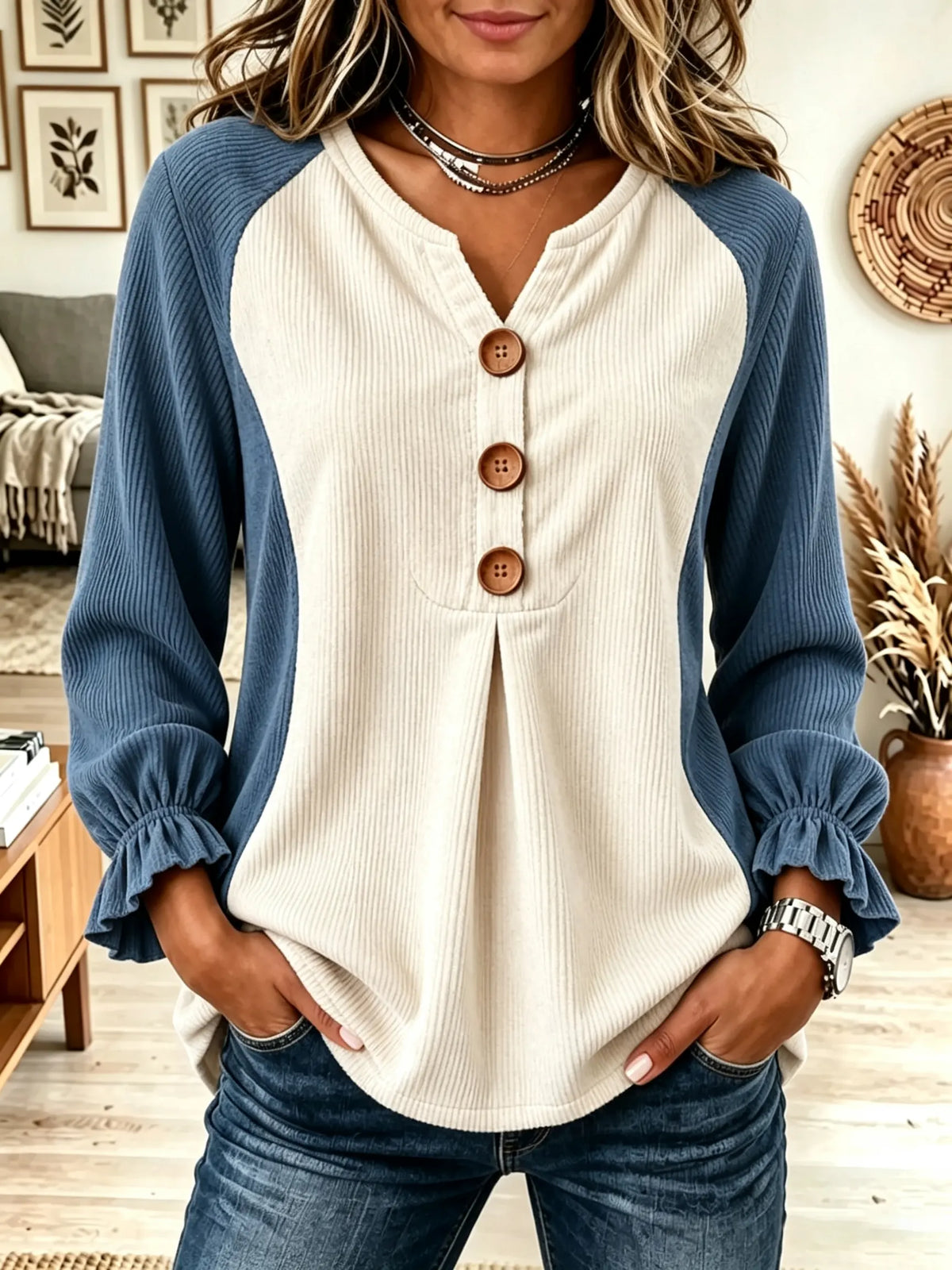 Women's Colorblock Button Accent Ruffled Sleeve Top