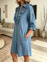Women's Ruffle Collar Denim Shirt Dress
