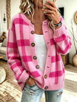 Vintage Chic Plaid Pattern Knit Art Casual Stylish Long Sleeve Cardigan Sweater