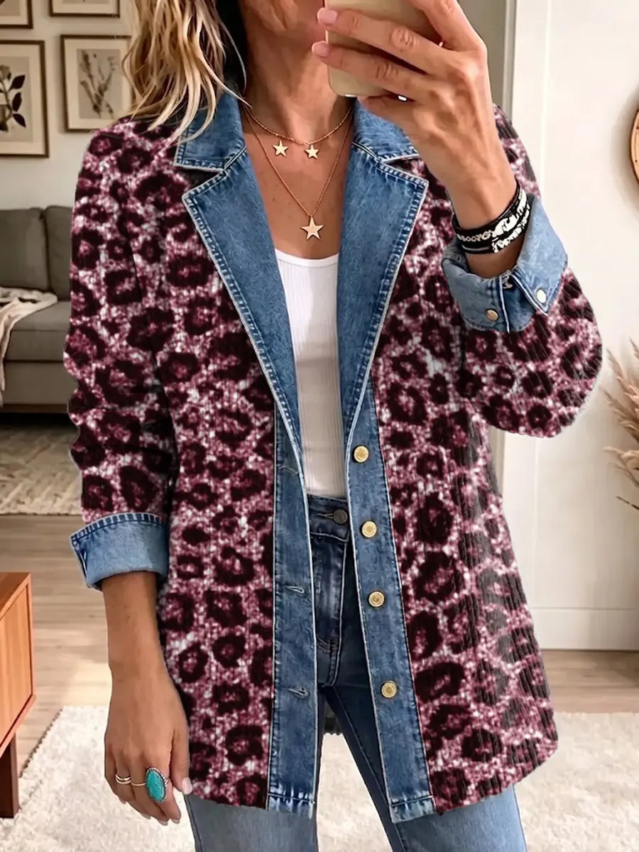 Retro Leopard Pattern Art Casual Denim Patchwork Stylish Long Sleeve Coat