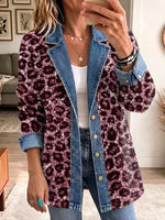 Retro Leopard Pattern Art Casual Denim Patchwork Stylish Long Sleeve Coat
