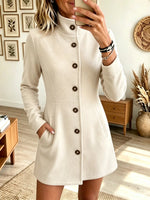 Women's Stand Collar Button-Front Woolen Coat Dress