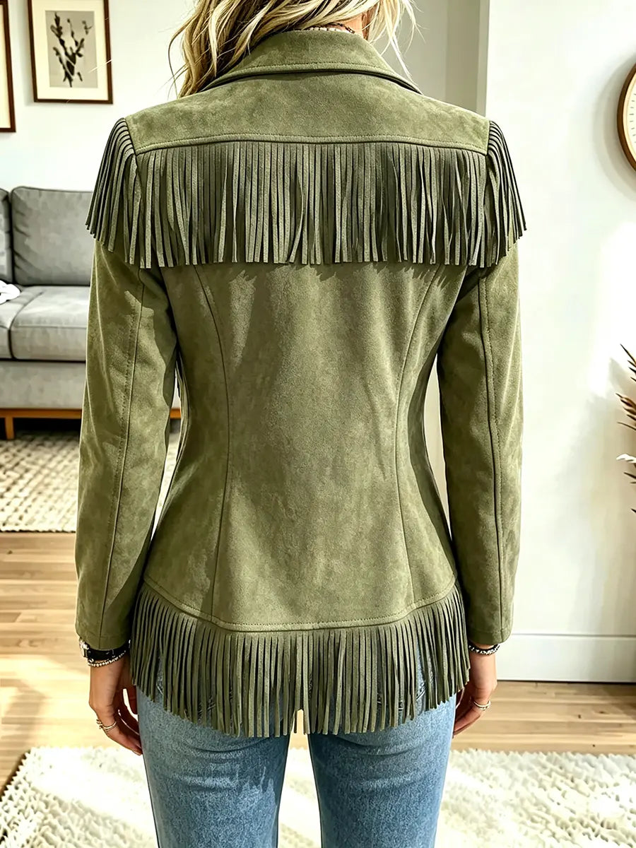 Women Collared Fringe Jacket
