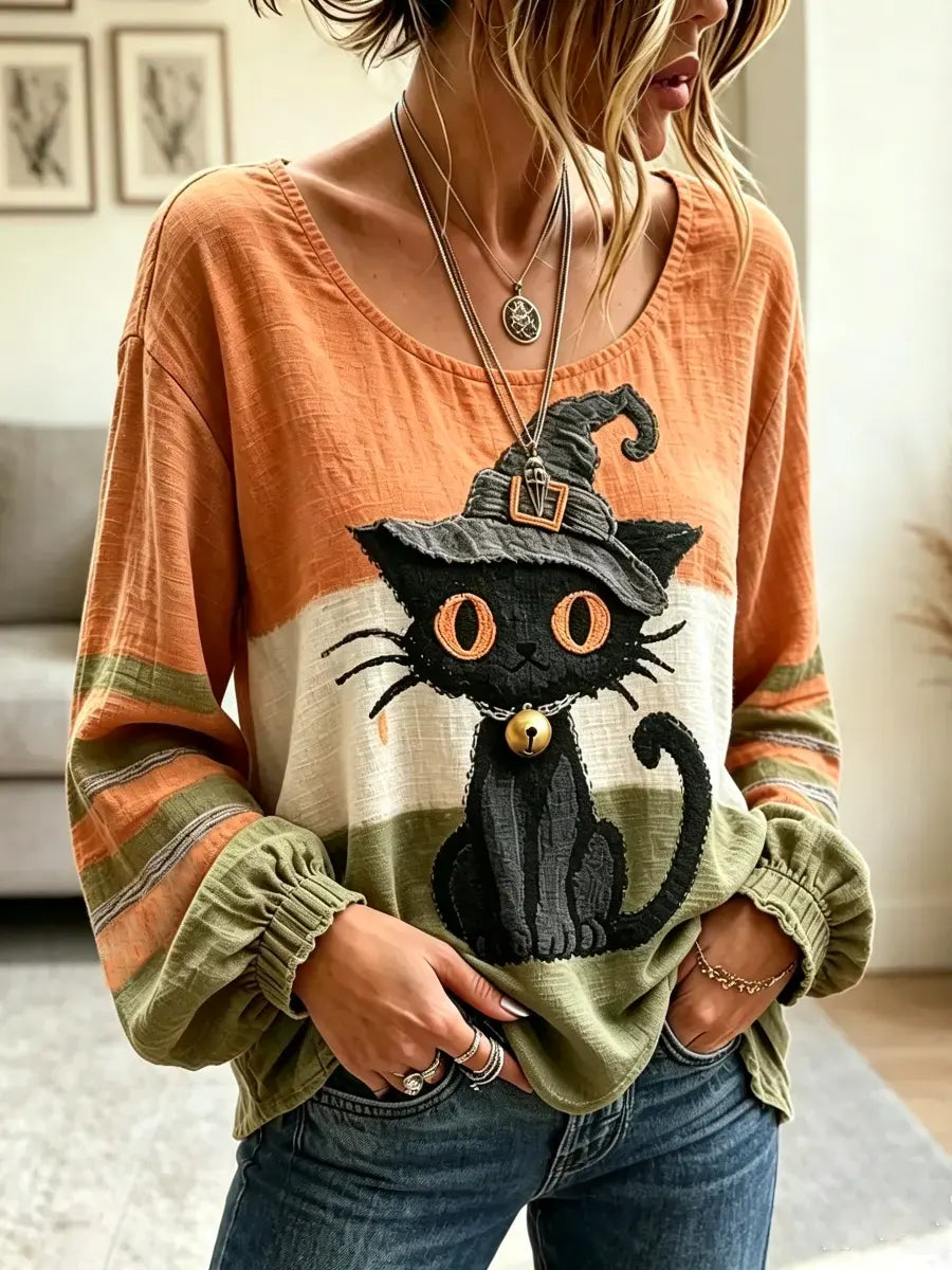 Funny Cat Halloween Pattern Art Casual Stylish Long Sleeve Cotton Linen Shirt