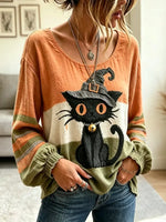 Funny Cat Halloween Pattern Art Casual Stylish Long Sleeve Cotton Linen Shirt