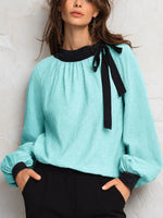 Retro Elegant Bow Color Block Art Casual Stylish Long Sleeve Cotton Linen Shirt