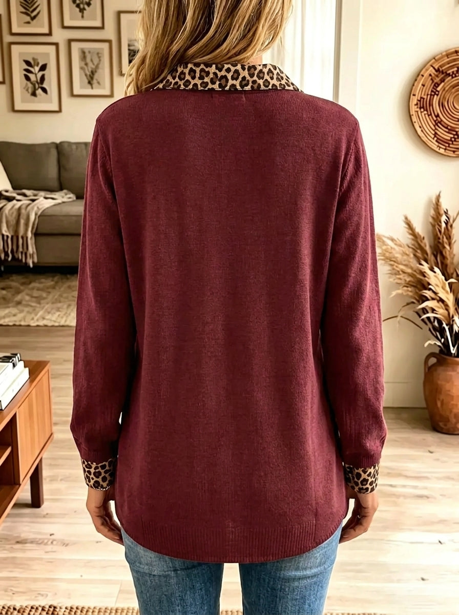 Women's Leopard Pumpkin Patchwork Collar Tunic Top