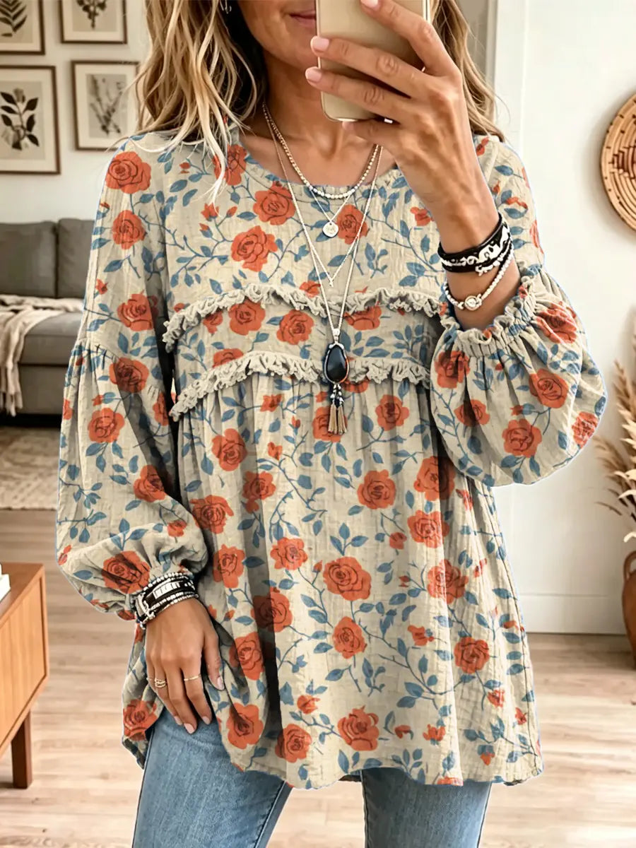 Retro Floral Pattern Art Print Casual Stylish Long Sleeve Cotton Linen Shirt