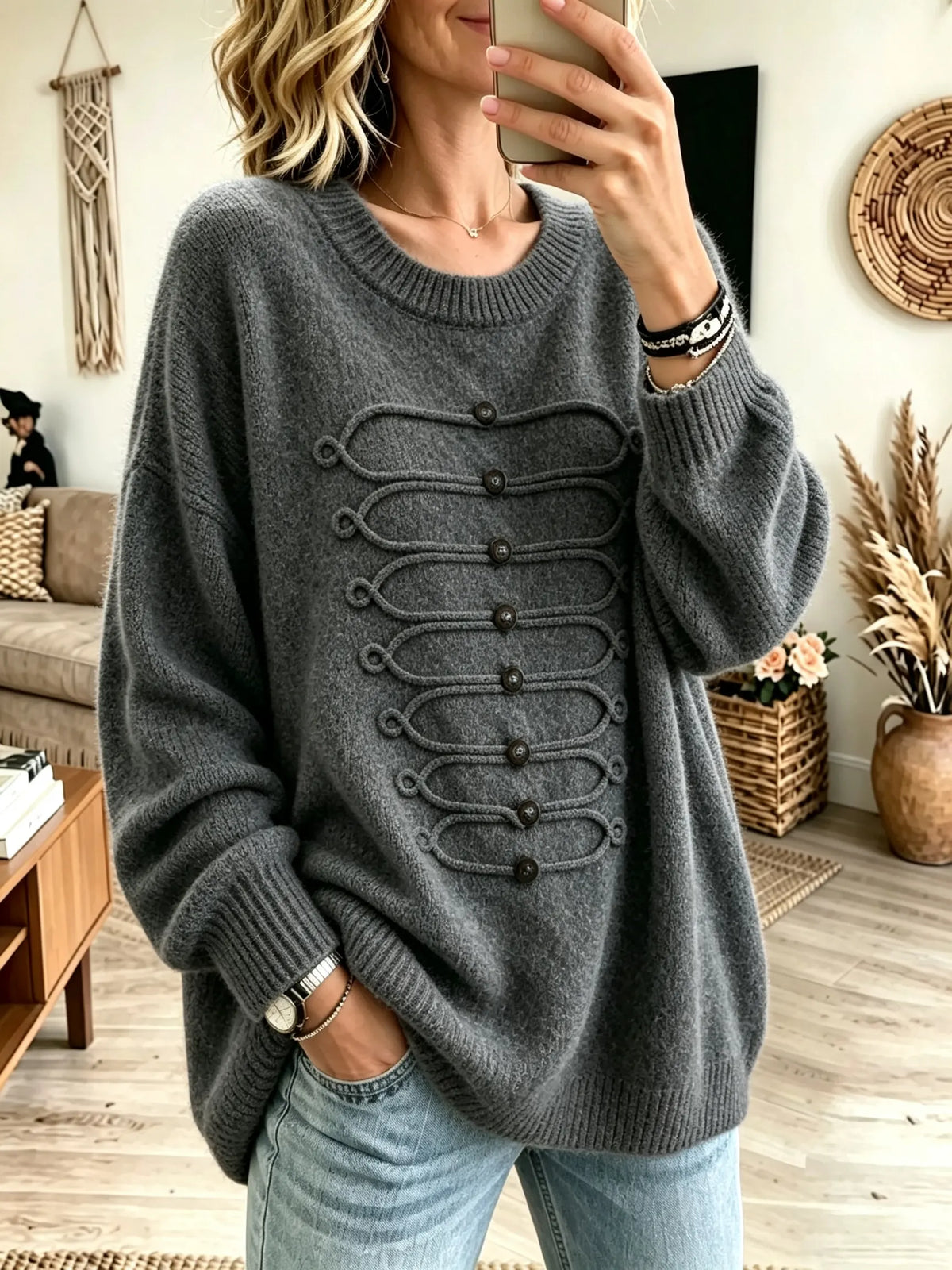 Women's Military Braided Frogs Crewneck Sweater