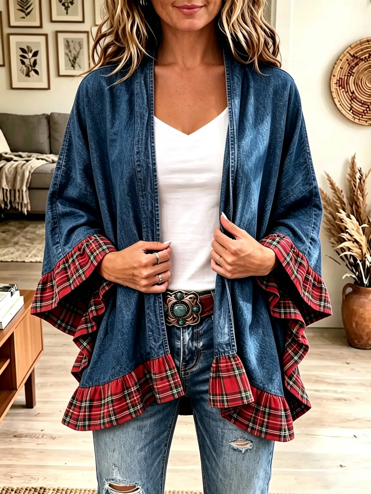 Women's Plaid Ruffle Trim Denim Kimono Cardigan