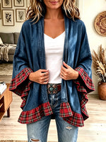 Women's Plaid Ruffle Trim Denim Kimono Cardigan