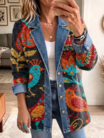 Funny Chicken Pattern Art Casual Denim Patchwork Stylish Long Sleeve Coat