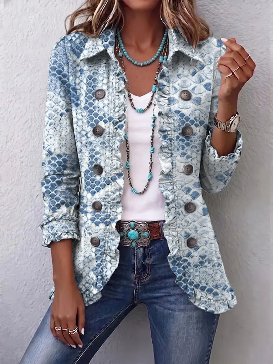 Retro Snake Pattern Art Print Ruffle Casual Stylish Cotton Lapel Coat