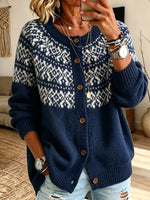 Women Crew Neck Button‑front Long Sleevefair Isle Pattern Knit Cardigan Sweater