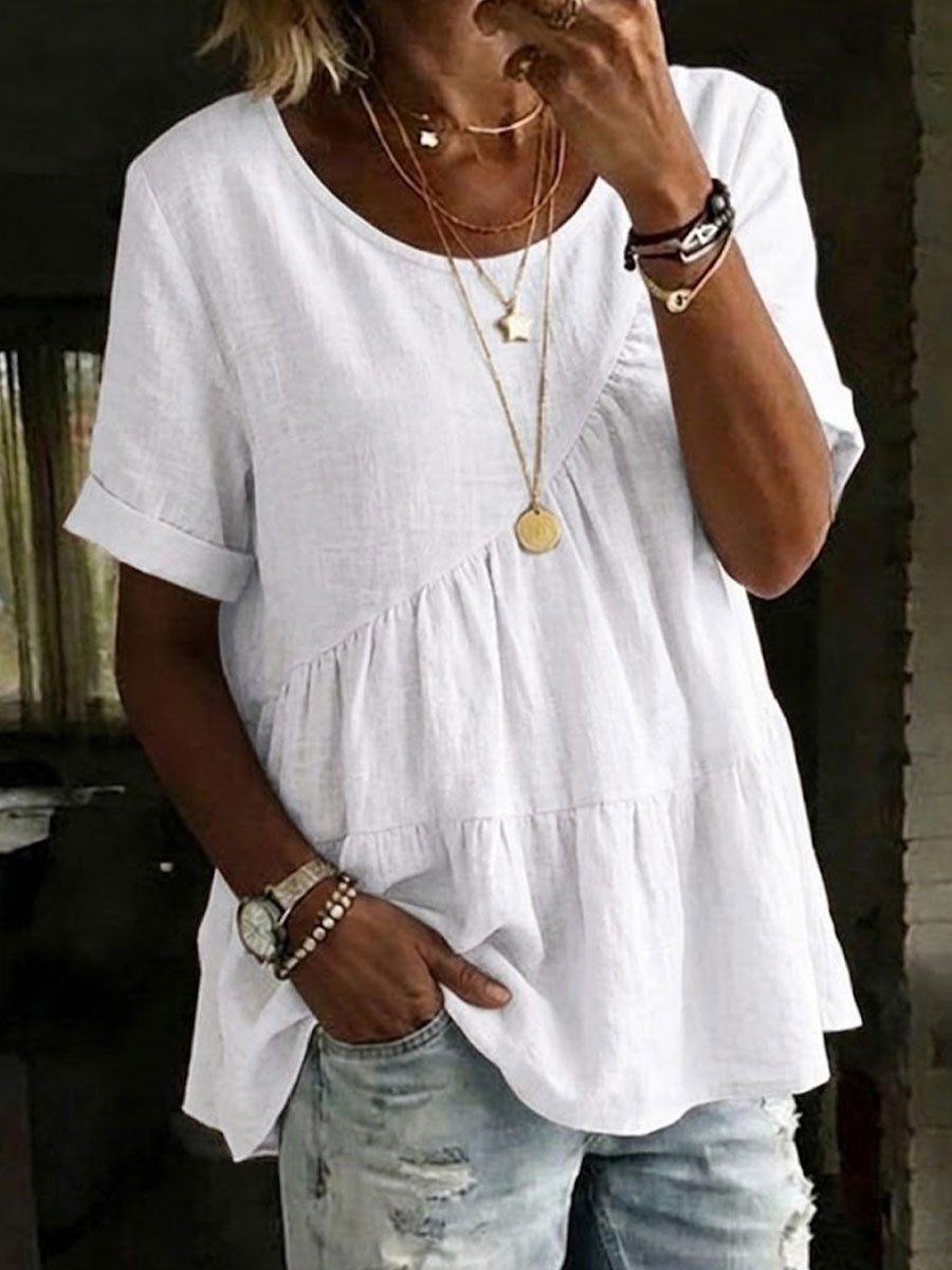 Women's Round Neck Cotton Linen Solid Color Loose Short-sleeved Shirt