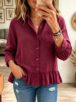 Women's Ruffled Hem Linen-Blend Button-Down Shirt