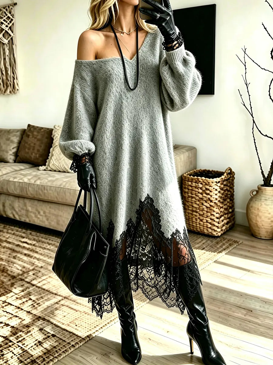 Women's Elegant Black Lace Patchwork Shoulder Sweater Maxi Dress