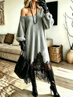 Women's Elegant Black Lace Patchwork Shoulder Sweater Maxi Dress
