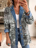Retro Chic Shiny Sequins Pattern Art Casual Denim Patchwork Stylish Long Sleeve Coat