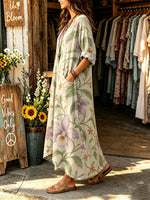 Women's Watercolor Orchid Floral Print V-neck Maxi Dress