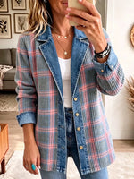 Vintage Elegant Denim Patchwork Plaid Jacket