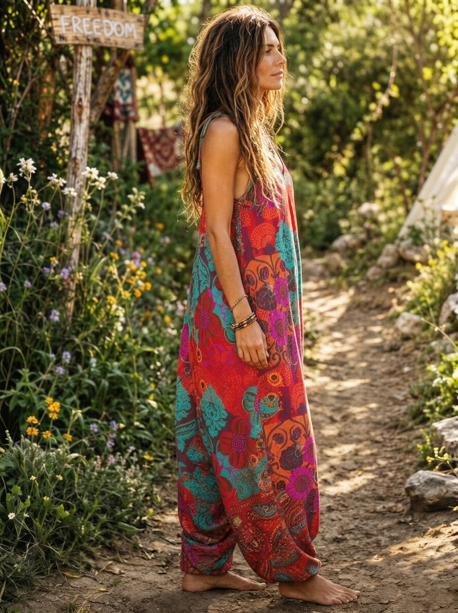 Women’s Boho Tie Dye Geometric Spaghetti Strap Harem Jumpsuit With Pockets