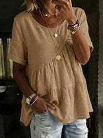 Women's Round Neck Cotton Linen Solid Color Loose Short-sleeved Shirt