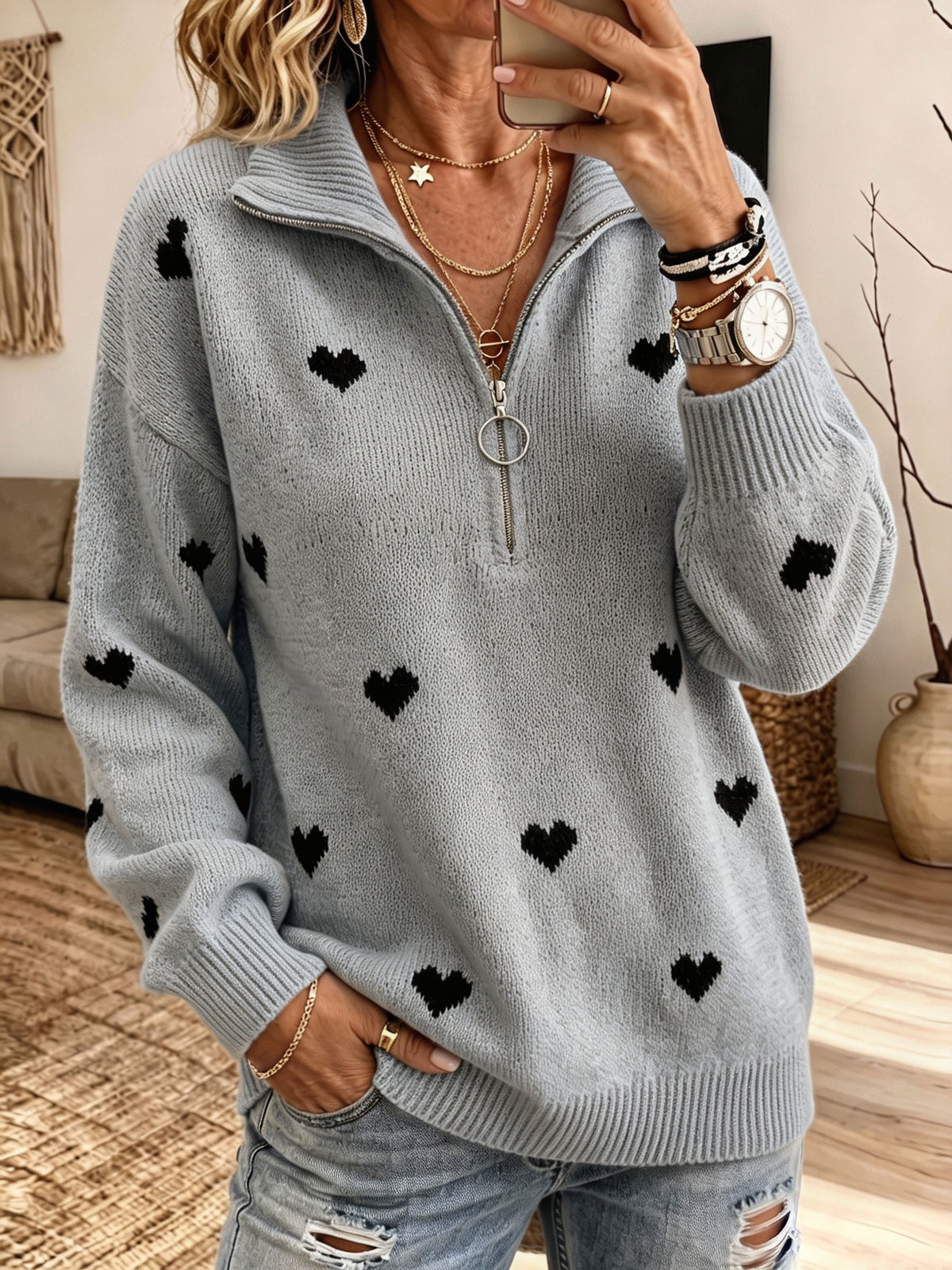 Women Heart Jacquard Half‑Zip Collar Sweater Long Sleeve Loose Knit Jumper