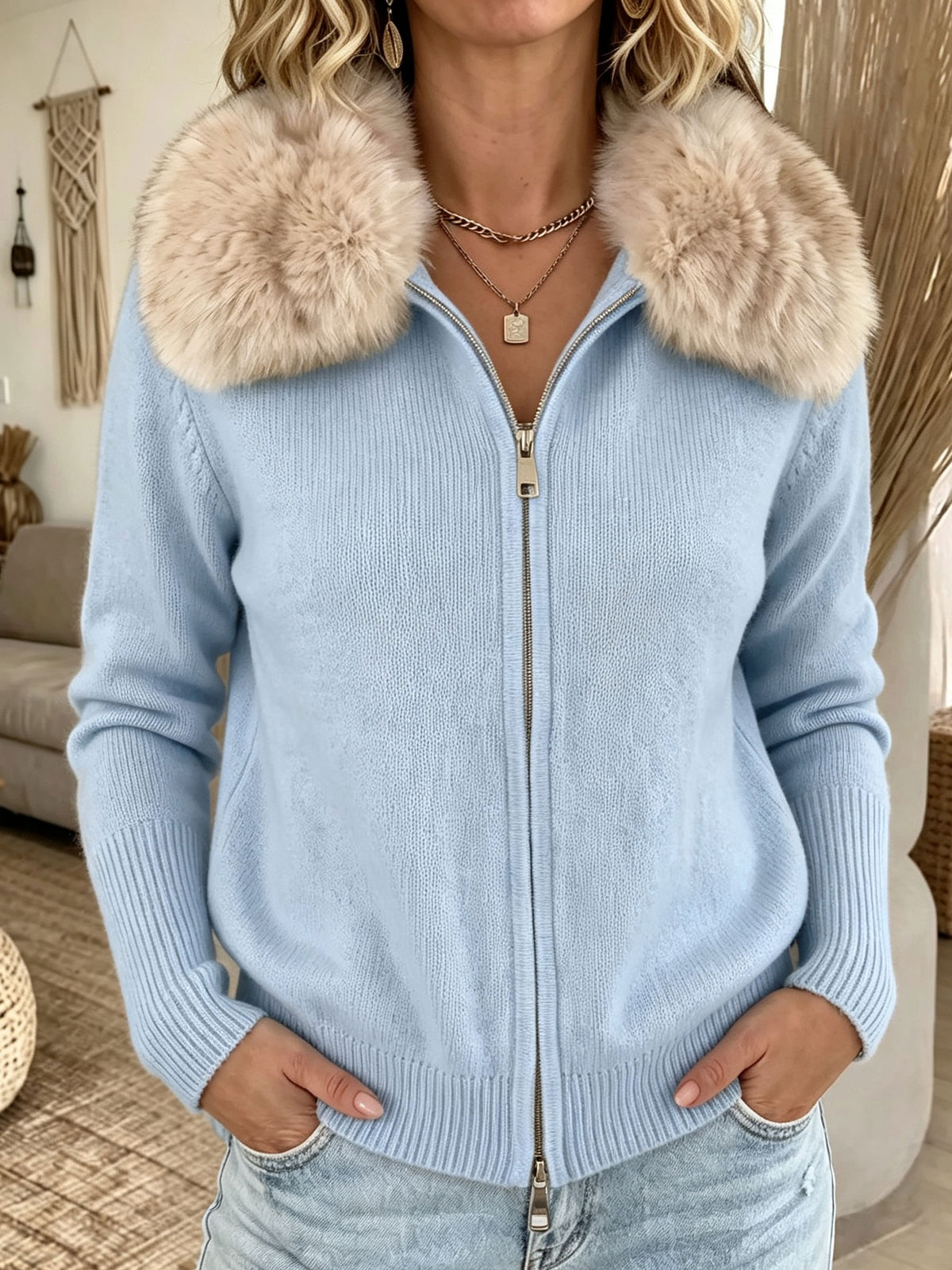 Faux Fur Collar Zip‑Up Knit Cardigan, Women Long Sleeve Pocket Sweater Jacket